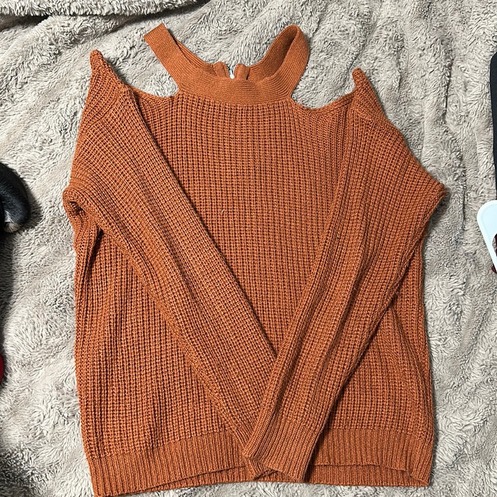 Burnt orange cold shoulder sweater
